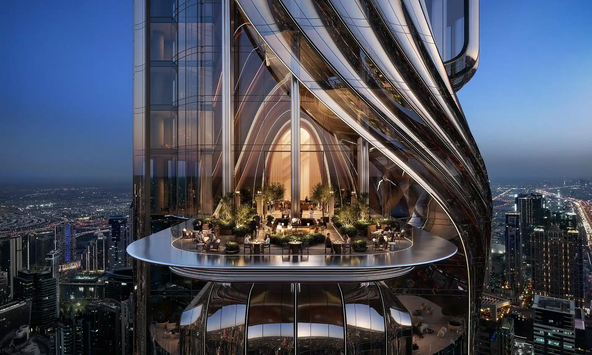 Dubai sky terrace at dusk — developer render
